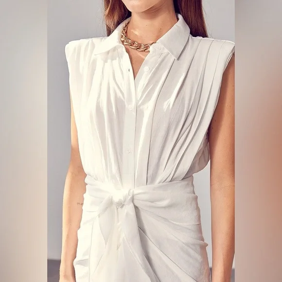 Do+Be Be White Button Front Tie Mini Dress Sleeveless Sz M Collared Flat Pleats - Picture 2 of 16